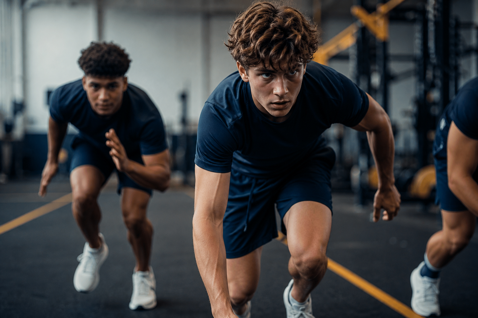 Athletes training with focus